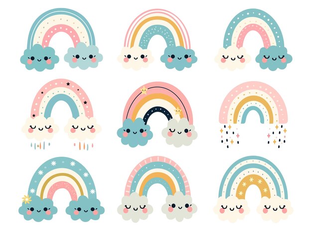 Un conjunto de dibujos arco iris lindos con nubes y lluvia en estilos boho pico icona de pegatinas para niños