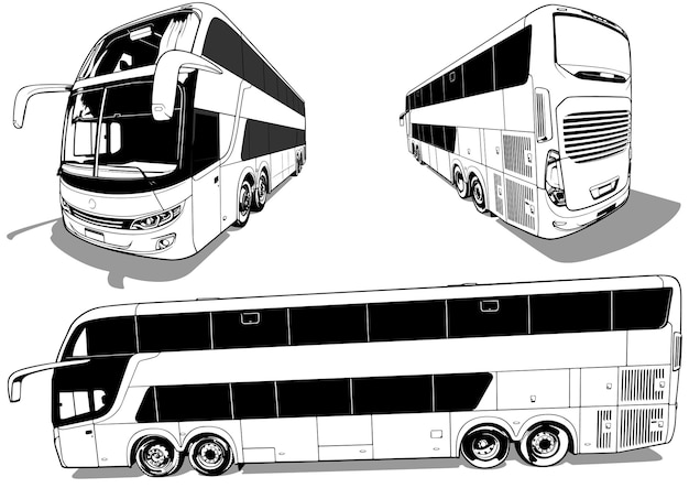 Conjunto de dibujos de un autobús de lujo de larga distancia desde tres vistas