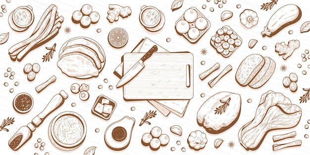 conjunto de dibujos de cocina vintage dibujados a mano