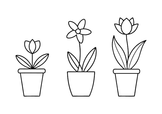 Conjunto de dibujos continuos de una línea de flores en ollas Arte vectorial minimalista