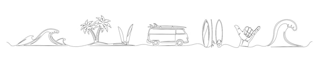 Conjunto de dibujos continuos de una línea de un tema de surf