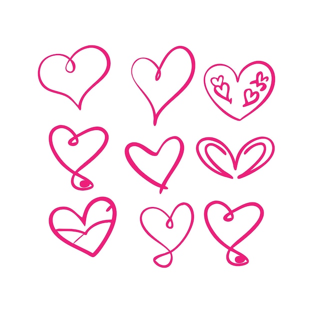 Conjunto de dibujos de corazones dibujados a mano