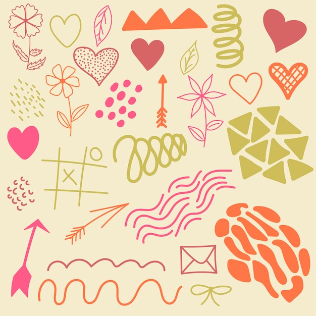 Conjunto de dibujos de corazones, flores y elementos de diseño gráficos vectoriales
