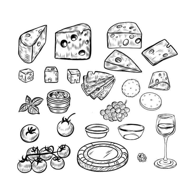 Vector conjunto de dibujos para la degustación de quesos y vinos