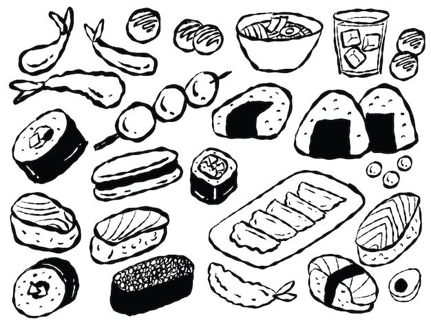 Conjunto de dibujos dibujados a mano de comida japonesa Sketchy Doodle
