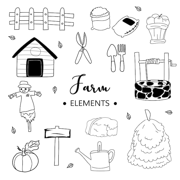 Conjunto de dibujos dibujados a mano de elementos de la granja Ilustración vectorial