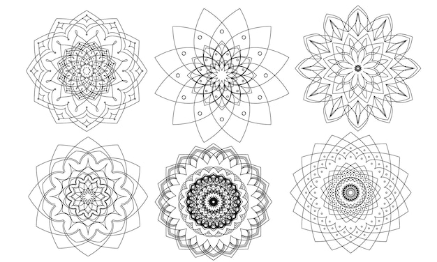 Conjunto de dibujos étnicos mandala en color negro aislado sobre fondo blanco.