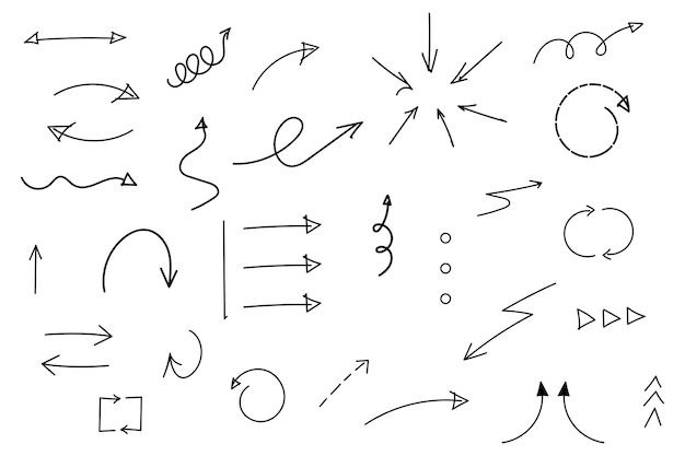 Conjunto de dibujos de flecha dibujados a mano dibujo de estilo Doodle Ilustración vectorial