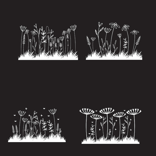 Un conjunto de dibujos de flores sobre un fondo negro.
