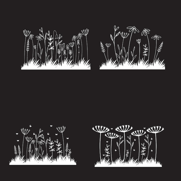 Vector un conjunto de dibujos de flores sobre un fondo negro.