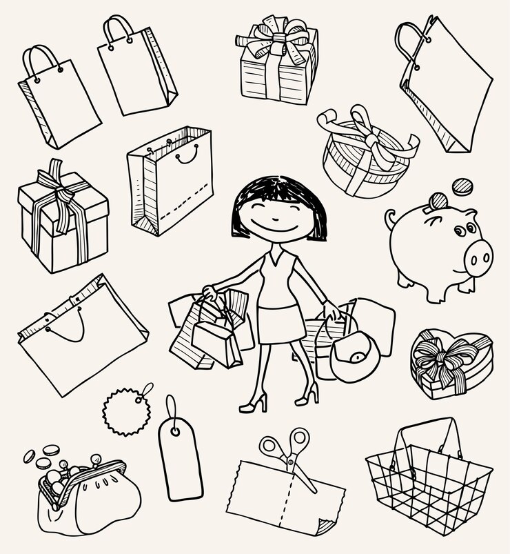 Vector conjunto de dibujos de garabatos de contorno de compras temáticas