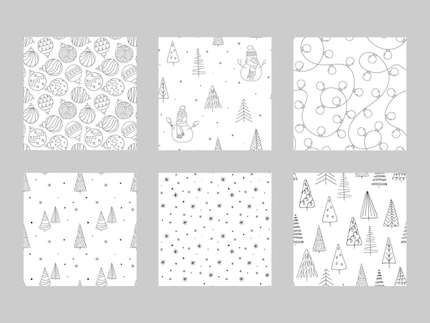 Conjunto de dibujos de invierno en blanco y negro contorno boceto fondos vacaciones de Navidad mano
