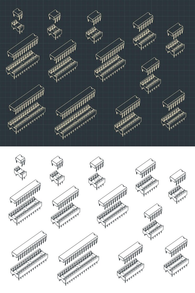 Vector conjunto de dibujos isométricos de microcircuitos