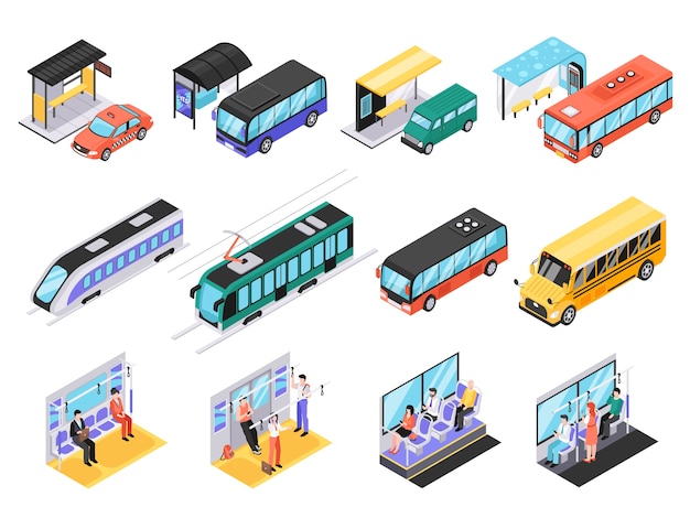 Vector conjunto de dibujos isométricos para el transporte público