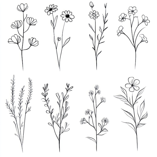 Un conjunto de dibujos de líneas simples de flores y hojas en papel blanco