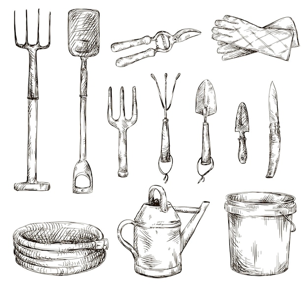 Conjunto de dibujos de líneas vectoriales de herramientas de jardinería