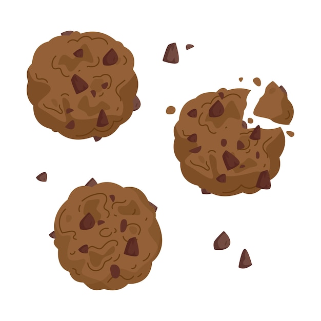 Conjunto de dibujos a mano alzada de galletas de avena con chocolate. galletas mordidas para la ilustración de postre para niños en dibujos animados milos til. vector clipart hornear aislar sobre fondo blanco. icono de cookie.