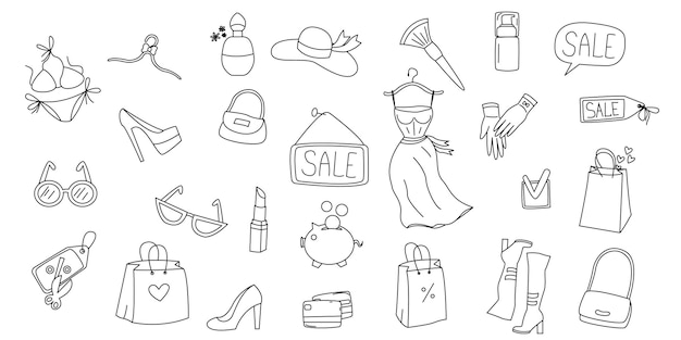 Conjunto de dibujos a mano de compras y iconos de moda Colección de elementos de diseño compras en línea