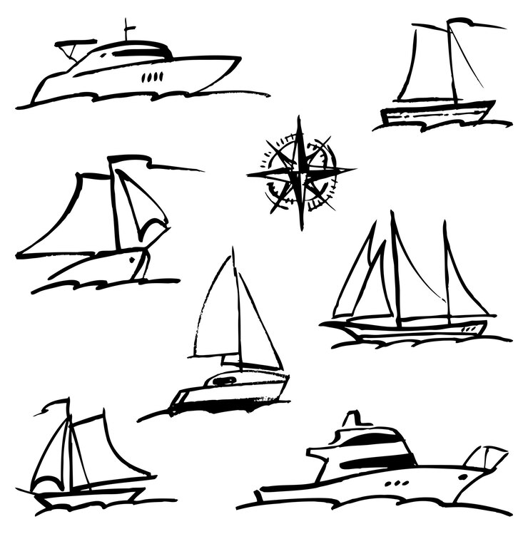 Conjunto de dibujos a mano de contorno de varios yates y barcos de vela aislados en blanco