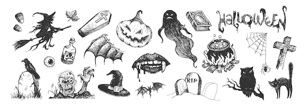Conjunto de dibujos a mano de Halloween Ilustración vectorial