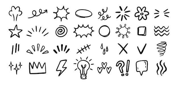 Conjunto de dibujos a mano de signos de expresión para elementos de expresión de diseño conceptual aislados en blanco