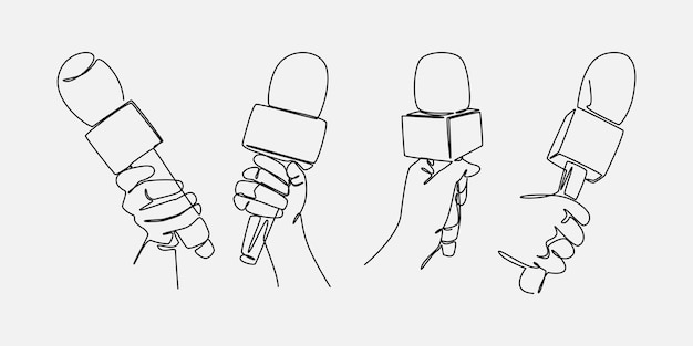Conjunto de dibujos de manos de periodistas sosteniendo el micrófono de noticias en un estilo de dibujo de una línea continua vectorial