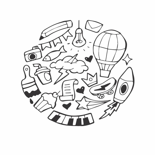 Conjunto de dibujos para niños dibujados a mano por vectores Dibujos para niños en blanco y negro dibujos a mano