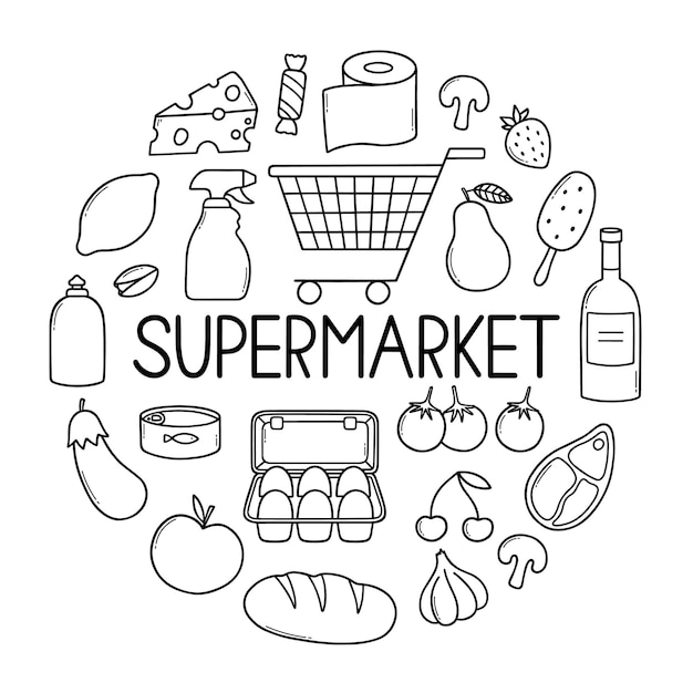 Conjunto de dibujos de productos de supermercado Tienda de comestibles en estilo boceto
