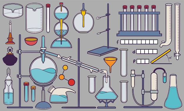 Conjunto de dibujos de química y herramientas de laboratorio dibujados a mano