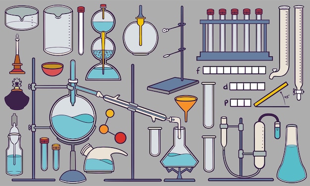 Conjunto de dibujos de química y herramientas de laboratorio dibujados a mano