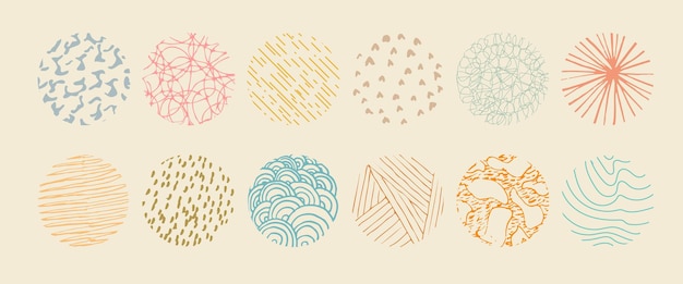 Conjunto de dibujos redondos de fondo de colores abstractos dibujados a mano