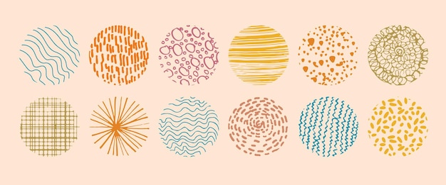 Conjunto de dibujos redondos de fondo de colores abstractos dibujados a mano