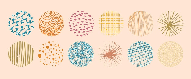 Conjunto de dibujos redondos de fondo de colores abstractos dibujados a mano