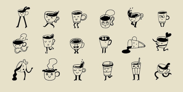 Conjunto de dibujos retro divertidos de personajes de café y formas geométricas y carteles de dibuj os