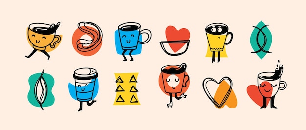 Conjunto de dibujos retro divertidos de personajes de café y formas geométricas y carteles de dibuj os