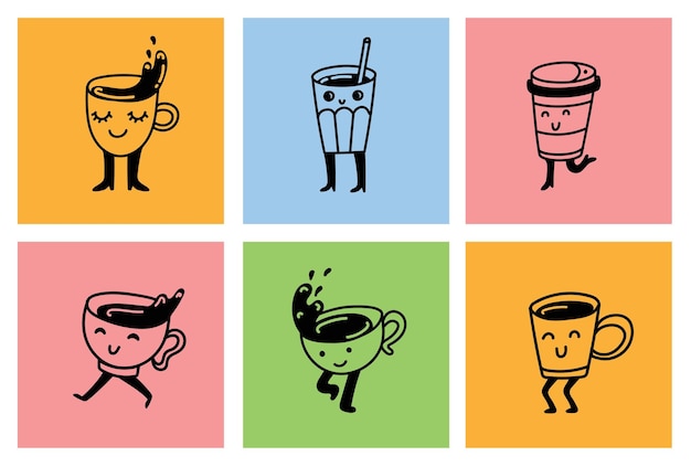 Conjunto de dibujos retro de personajes divertidos carteles de bebidas vintage de café ilustración vectorial