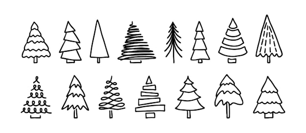 Conjunto de dibujos sencillos de árboles de Navidad negros dibujados a mano Navidad de Invierno Navidad Año Nuevo x árbol de Navidad