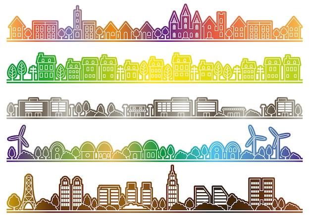 Conjunto De Dibujos Simples De Paisaje Urbano Aislados En Un Fondo Blanco. Ilustración vectorial.