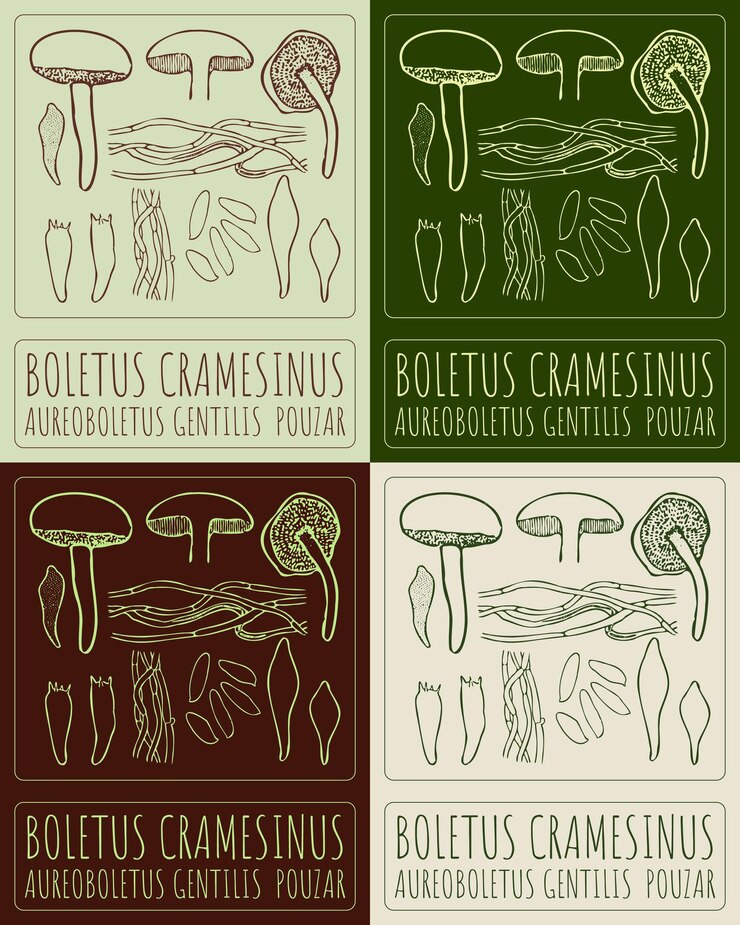 Vector conjunto de dibujos vectoriales boletus cramesinus en varios colores el nombre latino es aureoboletus gentilis pouzar