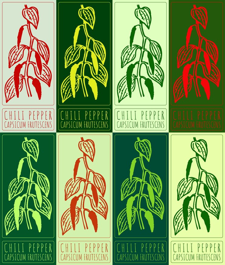 Vector conjunto de dibujos vectoriales chili pepper en varios colores ilustración dibujada a mano el nombre latino es capsicum frutescens