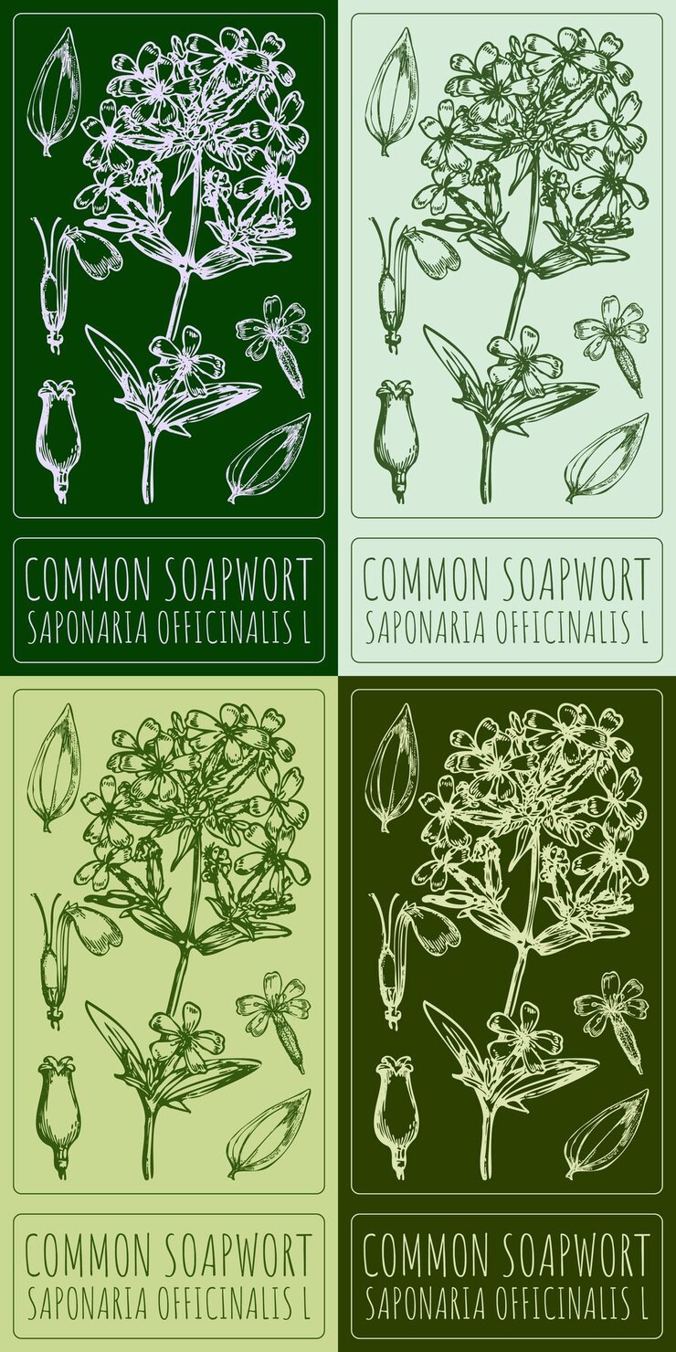 Vector conjunto de dibujos vectoriales common soapwort en varios colores ilustración dibujada a mano el nombre latino es saponaria officinalis l