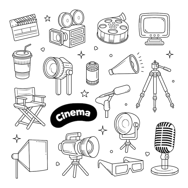Conjunto de dibujos vectoriales dibujados a mano del cine y el contorno de la película