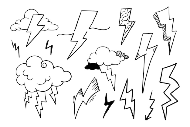 Conjunto de dibujos vectoriales dibujados a mano rayos eléctricos símbolo boceto ilustraciones trueno ilustración vectorial