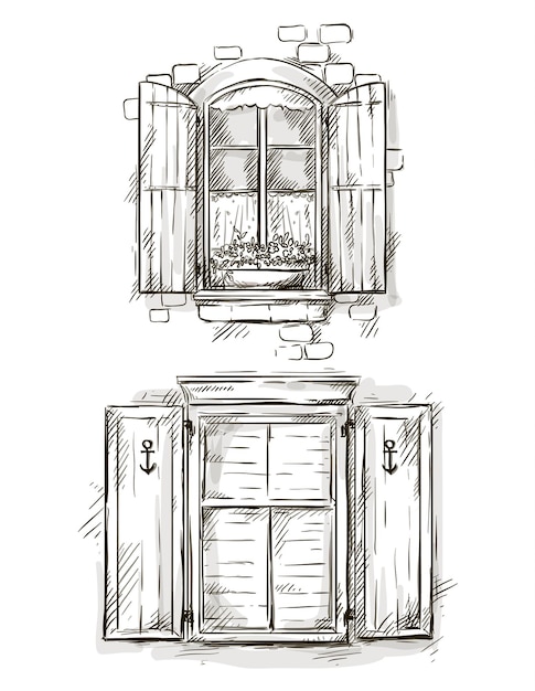 Vector conjunto de dibujos vectoriales dibujados a mano de ventana vintage