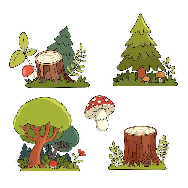 Conjunto de dibujos vectoriales de un paisaje forestal