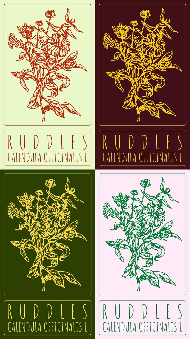 Vector conjunto de dibujos vectoriales rudles en varios colores ilustración dibujada a mano el nombre latino es calendula officinalis l