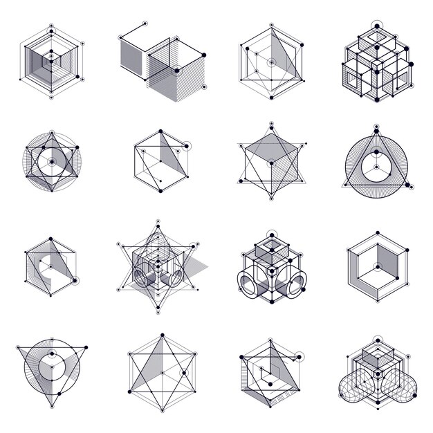 Conjunto de dibujos vectoriales de sistema industrial en blanco y negro creado con líneas y cubos 3D. La composición geométrica moderna se puede utilizar como plantilla y diseño.