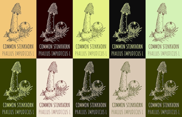 Vector conjunto de dibujos vectoriales de stinkhorn comun en varios colores ilustración dibujada a mano nombre latino phallus impudicus l