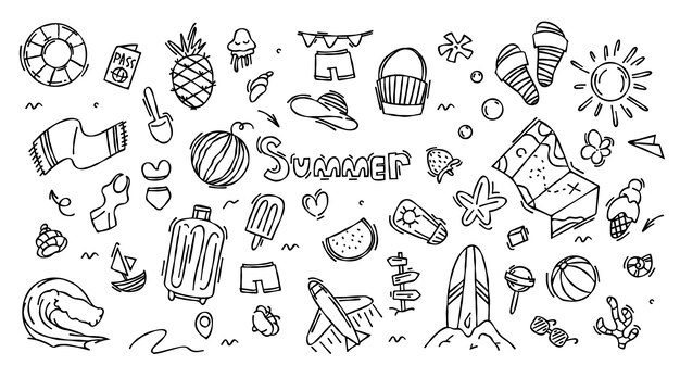 Conjunto de dibujos de viajes dibujados a mano para fiestas de verano en la playa, vacaciones y elementos de dibujo de viajes