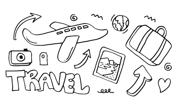Conjunto de dibujos de viajes dibujados a mano Ilustración vectorialDiseño de colecciones de viajes del mundo del arte de Doodle